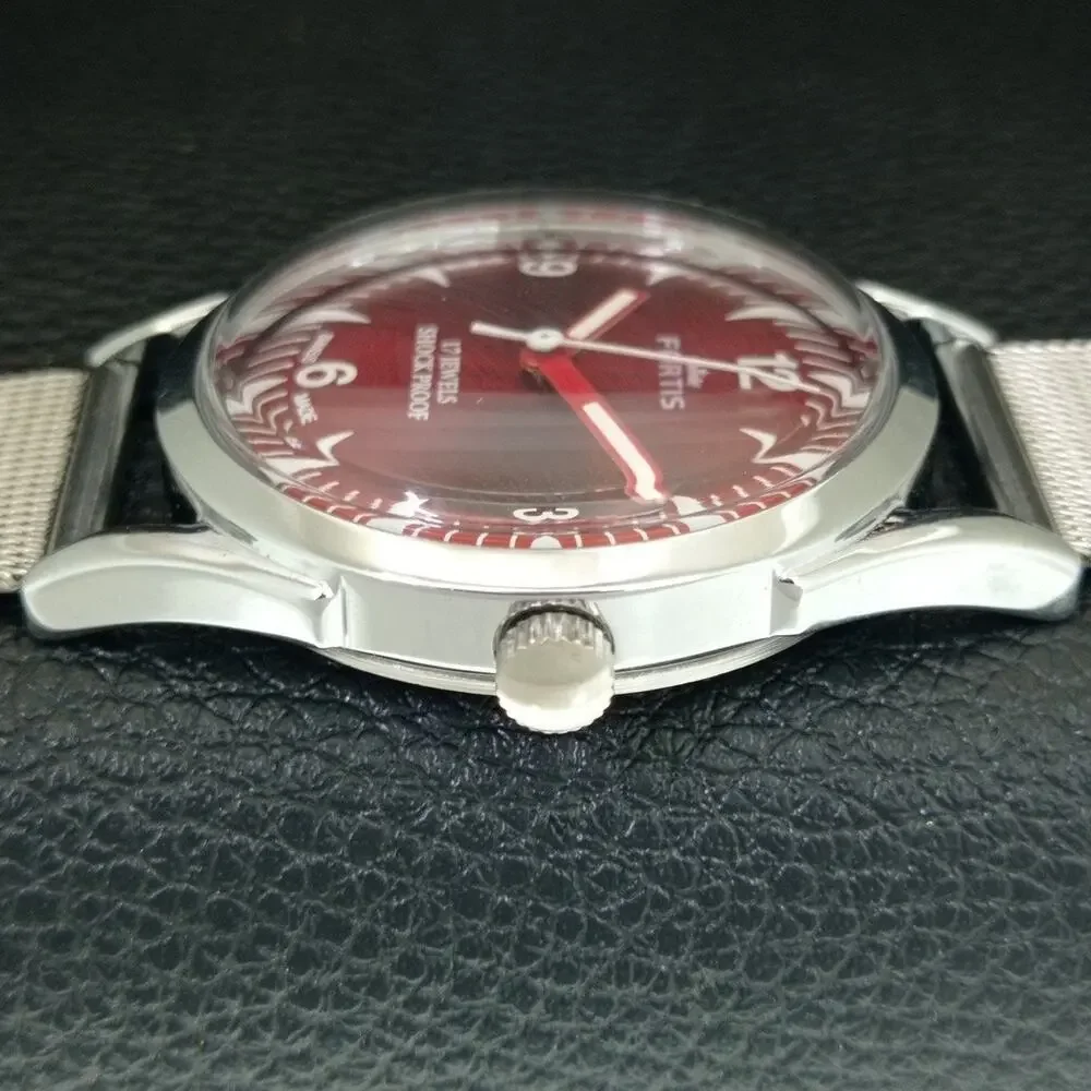 Vintage 1971 Fortis Manual Mens Silver Watch W/Steel Strap & Red accents